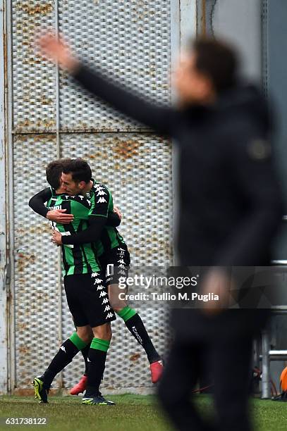 Antonino Ragusa of Sassuolo celebrates after scoring his team's second goal during the Serie A match between US Sassuolo and US Citta di Palermo at...