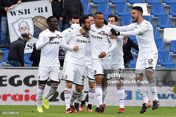 Robin Quaison of Palermo celebrates after scoring the opening goal during the Serie A match between US Sassuolo and US Citta di Palermo at Mapei...