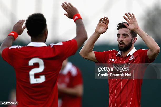 Graeme Shinnie of Aberdeen FC celebrates after scoring his teams second goal during the friendly match between Aberdeen FC and FC Bunyodkor at the...