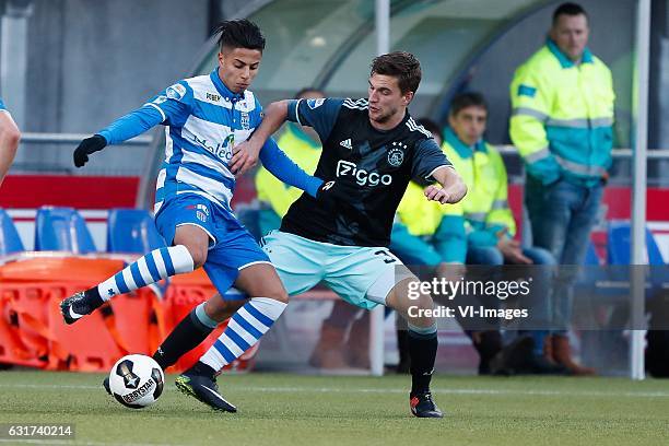 Hachim Mastour of PEC Zwolle, Joel Veltman of Ajaxduring the Dutch Eredivisie match between PEC Zwolle and Ajax Amsterdam at the MAC3Park stadium on...