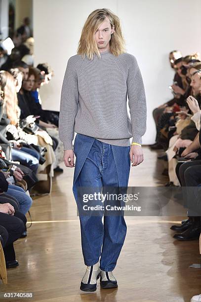 Model walks the runway at the Sunnei Autumn Winter 2017 fashion show during Milan Menswear Fashion Week on January 15, 2017 in Milan, Italy.