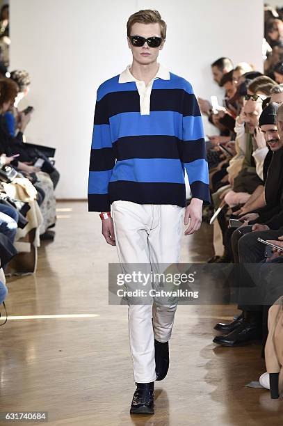 Model walks the runway at the Sunnei Autumn Winter 2017 fashion show during Milan Menswear Fashion Week on January 15, 2017 in Milan, Italy.