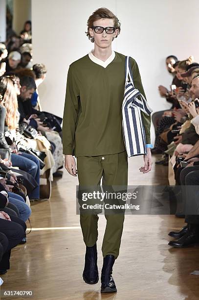 Model walks the runway at the Sunnei Autumn Winter 2017 fashion show during Milan Menswear Fashion Week on January 15, 2017 in Milan, Italy.