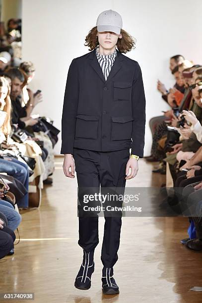 Model walks the runway at the Sunnei Autumn Winter 2017 fashion show during Milan Menswear Fashion Week on January 15, 2017 in Milan, Italy.
