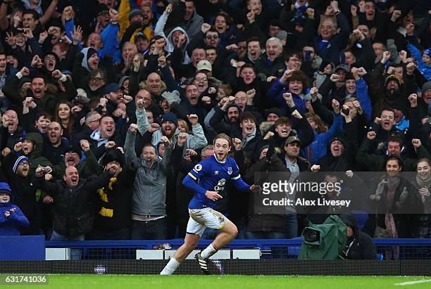 Tom Davies of Everton celebrates after scoring his team's third goal during the Premier League match between Everton and Manchester City at Goodison...