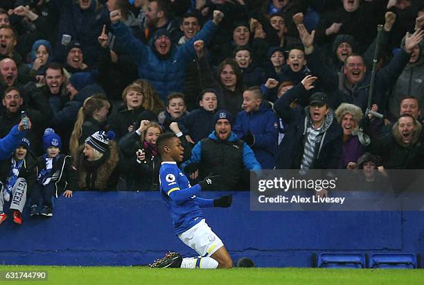 Ademola Lookman of Everton celebrates after scoring his team's fourth goal during the Premier League match between Everton and Manchester City at...