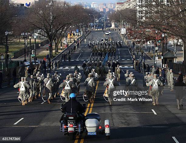 Members of the military march down Pennsylvania Ave. During an inaugural parade rehearsal on January 15, 2017 in Washington, DC. On January 20...