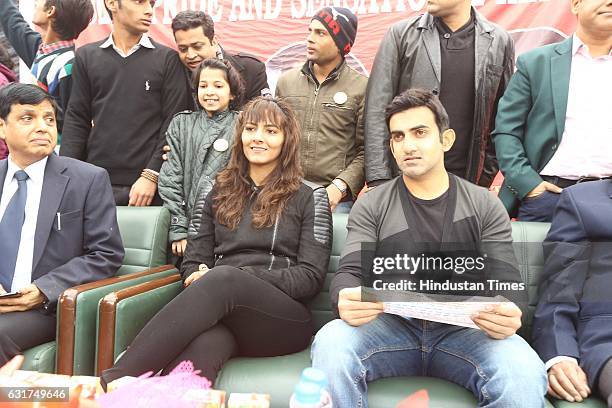 Indian wrestler Geeta Phogat and cricketer Gautam Gambhir during the centennial celebrations at Ramjas College, Delhi University, on January 12, 2017...