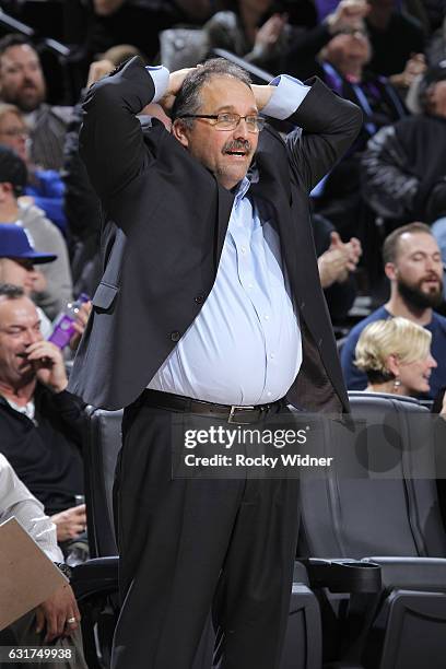 Head coach Stan Van Gundy of the Detroit Pistons coaches against the Sacramento Kings on January 10, 2017 at Golden 1 Center in Sacramento,...