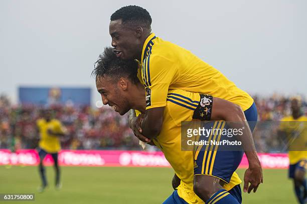 Pierre Emerick Emiliano François Aubameyang celebrating his goal to 1-0 during the second half at African Cup of Nations 2017 between Gabon and...