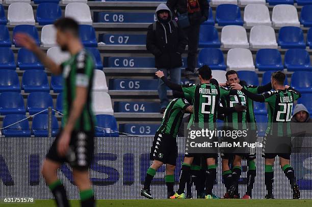 Matteo Politano of Sassuolo celebrates after scoring his team's fourth goal during the Serie A match between US Sassuolo and US Citta di Palermo at...