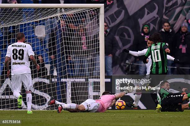 Alessandro Matri of Sassuolo scores his team's third goal during the Serie A match between US Sassuolo and US Citta di Palermo at Mapei Stadium -...