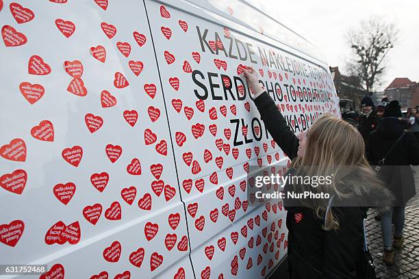 Car labeled with thousands of red hearts is seen during 25th Grand Finale of Great Orchestra of Christmas Charity on January 15th, 2017 in Gdansk....