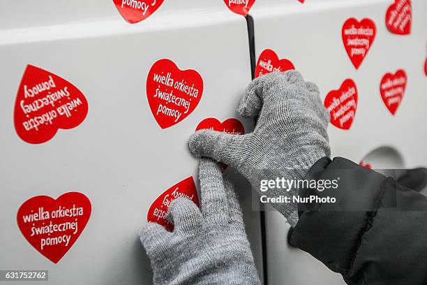 Car labeled with thousands of red hearts is seen during 25th Grand Finale of Great Orchestra of Christmas Charity on January 15th, 2017 in Gdansk....