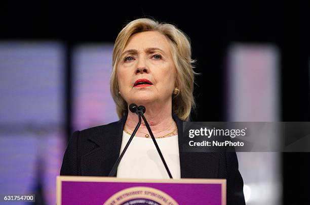 Hillary Clinton reacts to the Orlando, FL Pulse Nightclub Massacre as she appears for a crowd of African American leaders gathered at African...