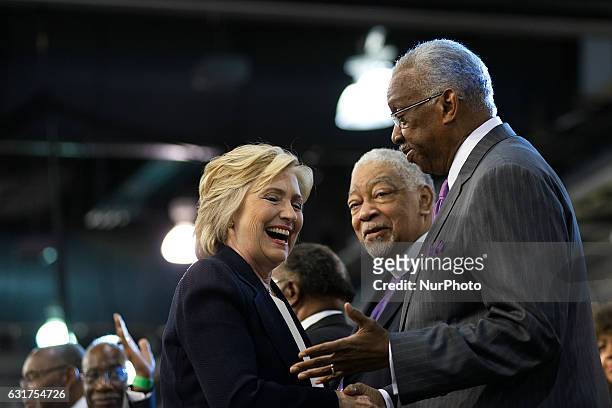 After addressing the crowd Hillary Clinton greets African American community and religious leaders of the AME Church, gathered for the African...