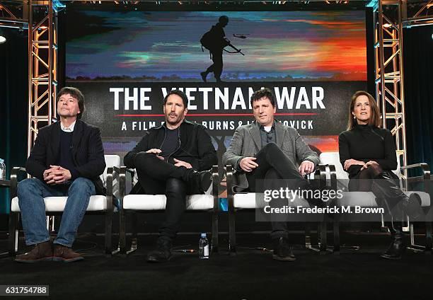 Filmmaker Ken Burns, composer Trent Reznor, composer Atticus Ross and filmmaker Lynn Novick of 'THE VIETNAM WAR' speaks onstage during the PBS...