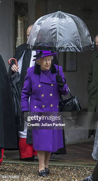 Queen Elizabeth II attends Sunday Church Service at St Mary the Virgin on January 15, 2017 in Flitcham, England.