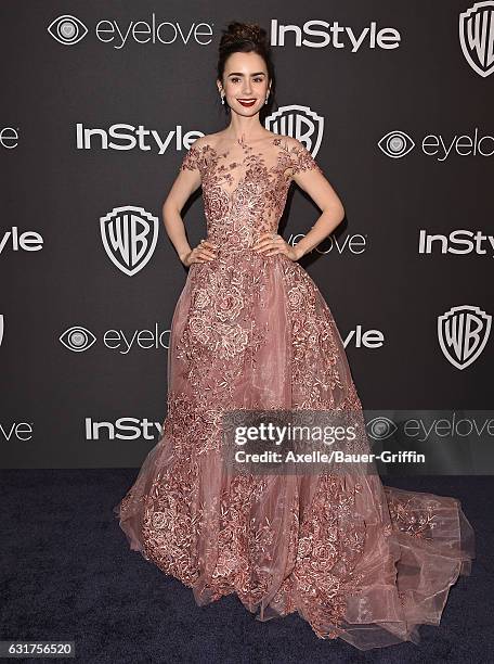 Actress Lily Collins arrives at the 18th Annual Post-Golden Globes Party hosted by Warner Bros. Pictures and InStyle at The Beverly Hilton Hotel on...