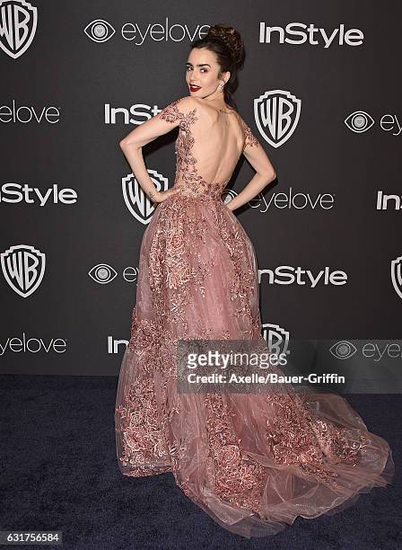 Actress Lily Collins arrives at the 18th Annual Post-Golden Globes Party hosted by Warner Bros. Pictures and InStyle at The Beverly Hilton Hotel on...