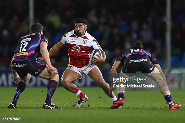Charles Piutau of Ulster is confronted by Michele Campagnaro and Ian Whitten of Exeter during the European Rugby Champions Cup Pool 5 match between...