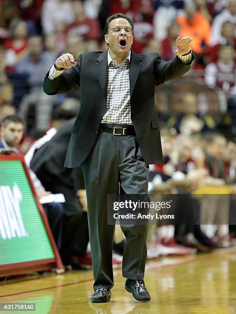 Tom Crean the head coach of the Indiana Hoosiers gives instructions to his team during the game against the Rutgers Scarlet Knights at Assembly Hall...