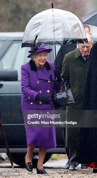 Queen Elizabeth II attends the Sunday service at the church of St Mary the Virgin in Flitcham on January 15, 2017 near King's Lynn, England.