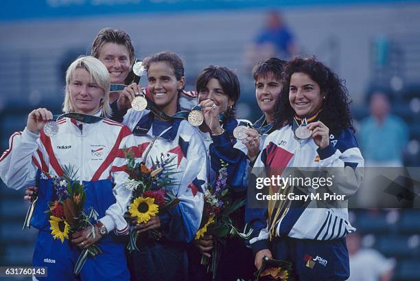 Medalists in the tennis Women's Doubles event at Stone Mountain Tennis Center during the Olympic Games in Atlanta, Georgia, 3rd August 1996. Left to...