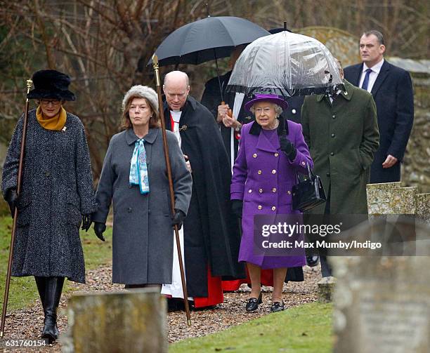 Queen Elizabeth II attends the Sunday service at the church of St Mary the Virgin in Flitcham on January 15, 2017 near King's Lynn, England.