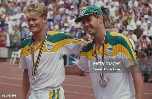 Silver medalists in the tennis Men's Doubles, Wayne Ferreira and Piet Norval of South Africa, at the final during the Olympic Games in Barcelona,...