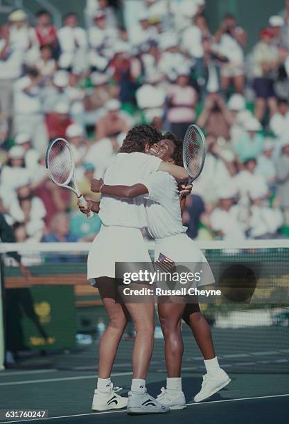 Pam Shriver and Zina Garrison celebrate during a tennis Women's Doubles match at the Olympic Games in Seoul, South Korea, September 1988. The pair...