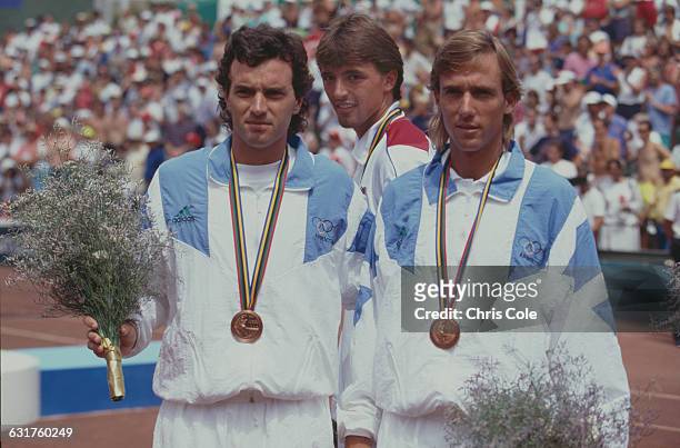 Joint bronze medalists in the tennis Men's Doubles, Javier Frana and Christian Miniussi of Argentina, at the Olympic Games in Barcelona, Spain, 7th...