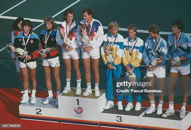 The medalists in the tennis Men's Doubles on the podium at the Olympic Games in Seoul, South Korea, 30th September 1988. Left to right: silver...