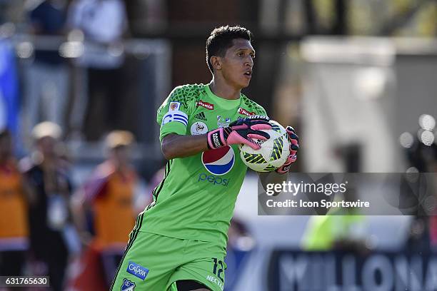 Millonarios goalkeeper Sanchez Carvajal Jose Ramiro during the second half of a Florida Cup quarter-final match between River Plate and Millenarios...