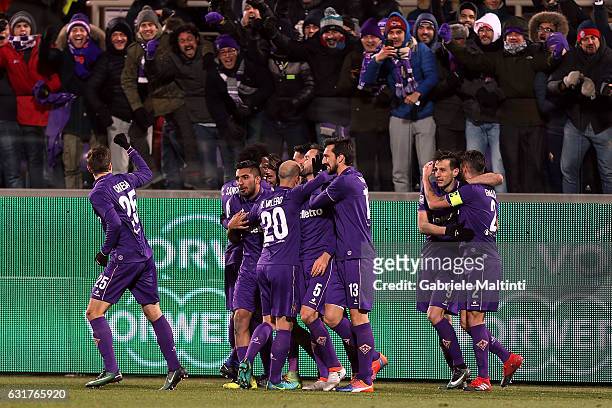 Federico Chiesa of ACF Fiorentina celebrates after scoring a goal during the Serie A match between ACF Fiorentina and Juventus FC at Stadio Artemio...