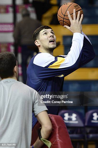 Yevgen Sakhniuk of the La Salle Explorers warms up before taking on the George Washington Colonials at Tom Gola Arena on January 15, 2017 in...