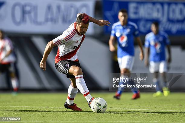 River Plate forward Rodrigo Mora turns away fro pressure during the second half of a Florida Cup quarter-final match between River Plate and...