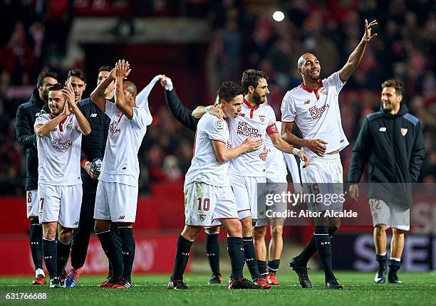 Pablo Sarabia, Mariano Ferreira, Samir Nasri, Nicolas Pareja, Steven N'Zonzi of Sevilla FC celebrates after winning the match against Real Madrid CF...