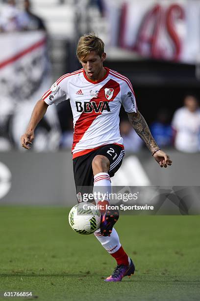 River Plate midfielder Ivan Rossi settles the ball during the second half of a Florida Cup quarter-final match between River Plate and Millenarios FC...