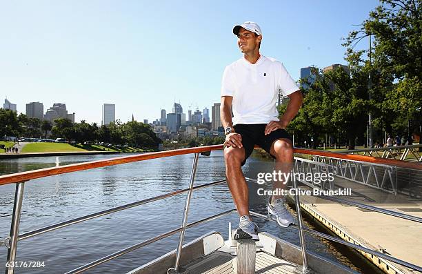 Rafael Nadal of Spain relaxes on a boat along the Yarra river ahead of the 2017 Australian Open at Melbourne Park on January 15, 2017 in Melbourne,...