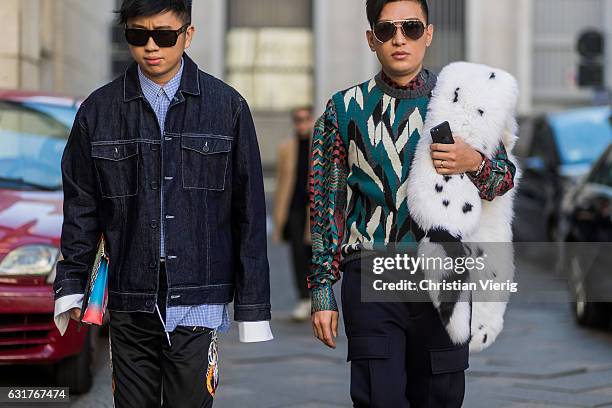 Declan Chan wearing Sunnei denim jacket, a Blindness shirt, Masayuki Ino jogger pants and Bryan Boy wearing Givenchy sunglasses, Ferragamo knit, Neil...