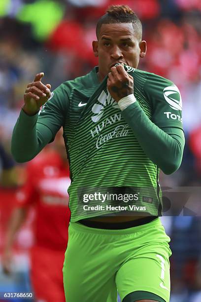 Michael Arroyo of America celebrates after scoring the first goal of his team during the 2nd round match between Toluca and America as part of the...