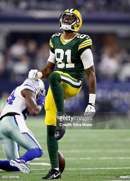 Geronimo Allison of the Green Bay Packers reacts in the first half during the NFC Divisional Playoff Game against the Dallas Cowboys at AT&T Stadium...