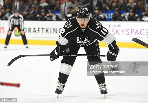 Los Angeles Kings Right Wing Devin Setoguchi prepares for the face off during an NHL game between the Detroit Red Wings and the Los Angeles Kings on...