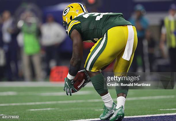Christine Michael of the Green Bay Packers bobbles a kickoff during the second quarter against the Dallas Cowboys in the NFC Divisional Playoff game...