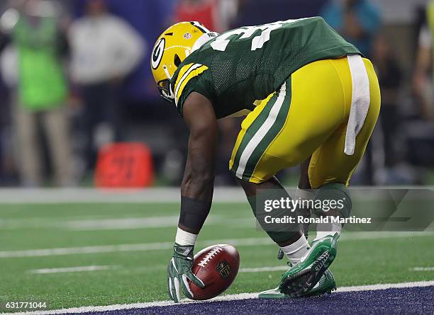 Christine Michael of the Green Bay Packers bobbles a kickoff during the second quarter against the Dallas Cowboys in the NFC Divisional Playoff game...