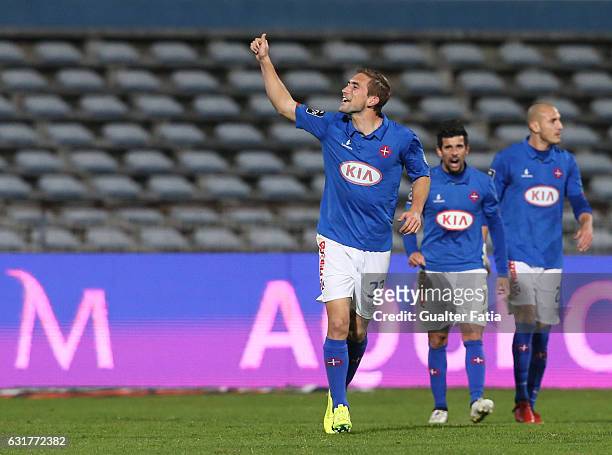 Belenenses's defender Goncalo Silva from Portugal celebrates after scoring a goal during the Primeira Liga match between CF Os Belenenses and Rio Ave...