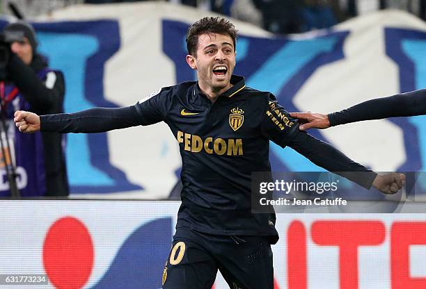 Bernardo Silva of Monaco celebrates his second goal during the French Ligue 1 match between Olympique de Marseille and AS Monaco at Stade Velodrome...