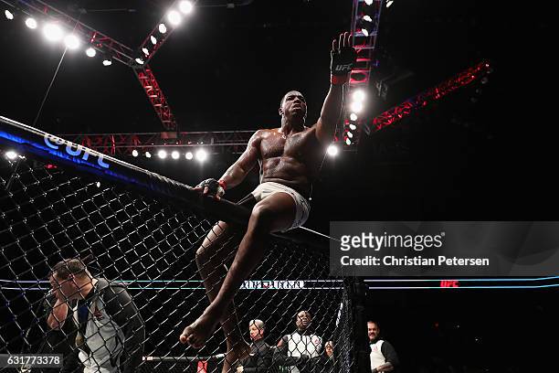 Walt Harris celebrates his technical knock out victory over Chase Sherman during the UFC Fight Night event at the at Talking Stick Resort Arena on...