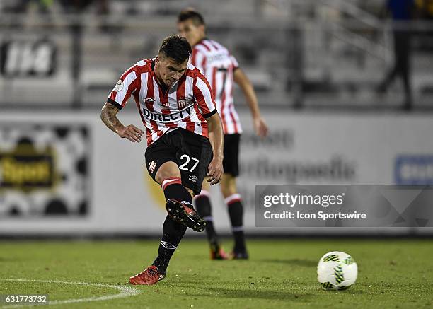 Estudiantes forward Facundo Quintana plays the ball out wide during the second half of the Florida Cup game between Bahia and Estudiantes on January...
